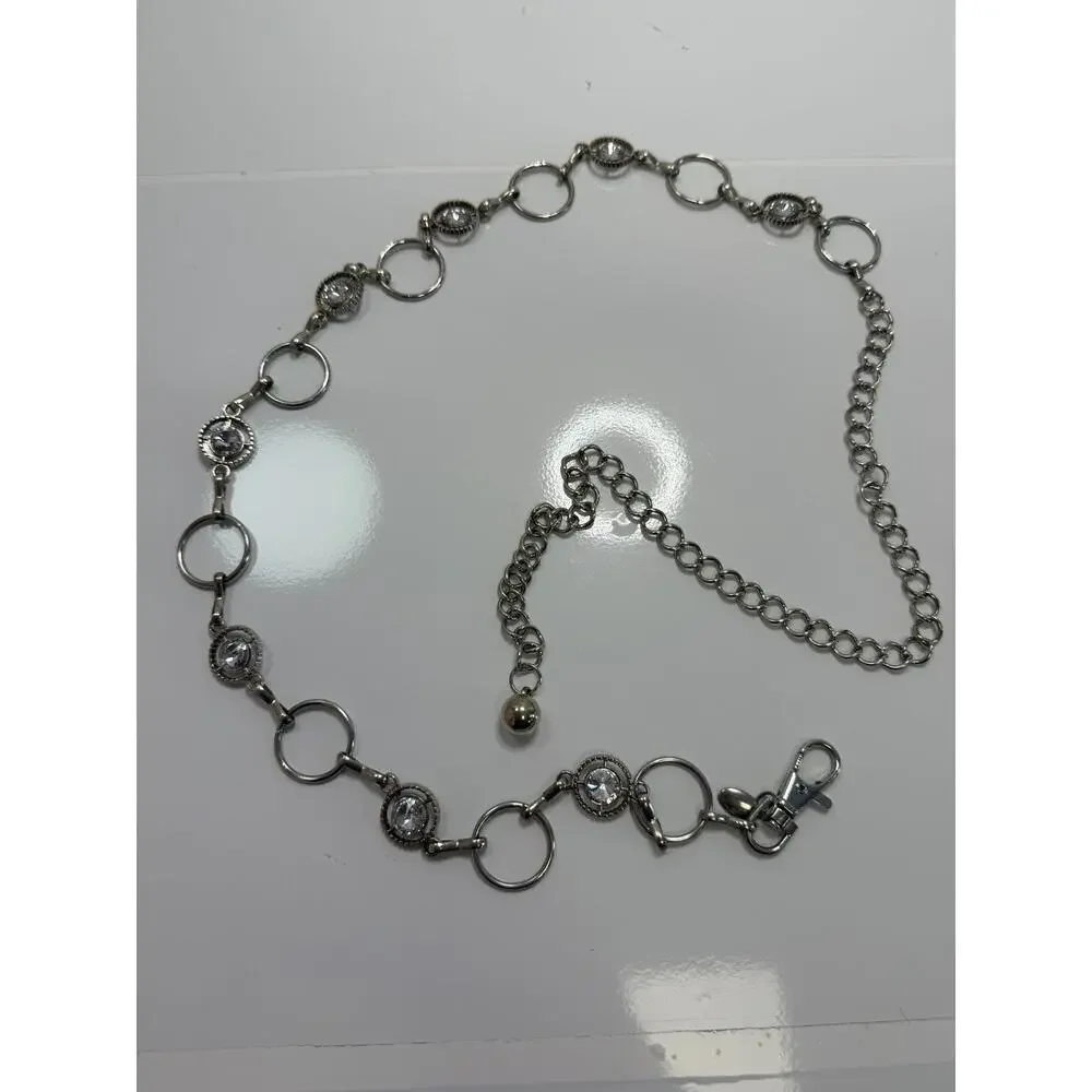 Silver Circle Link Rhinestone Chain Belt Y2K Glam Boho Layering Festival Chic